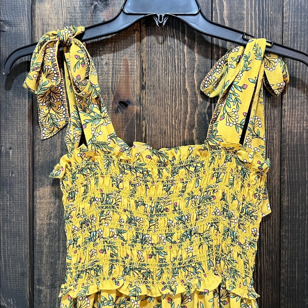 Boho Yellow Floral Tiered Maxi Dress M Smocked Flowy Romantic Euro Summer Chic - Picture 5 of 14